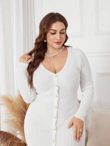 SHEIN Lacomfia Váy len dài tay tối giản màu trơn cỡ lớn, mặc hàng ngày - trắng - Xem 3