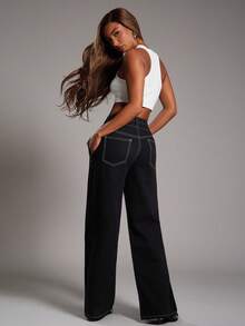 NYA SZN Pantalón vaquero de tiro alto, pierna recta, con bolsillos cargo, banda cruzada, técnico, casual de uso diario, vintage, streetwear, Y2K, grunge, para salir de noche, otoño, verano, adecuado para ir al trabajo, declaración, festival, Día del Rey, para mujeres - Negro - Ver 7