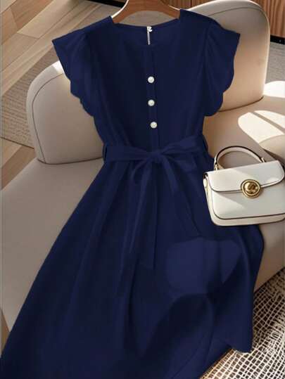 Franclia 优雅法式高端度假通勤百搭圆领盖袖松紧腰珍珠纽扣装饰舒适柔软无弹力杏色女式中长连衣裙，春夏