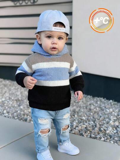 SHEIN 男童女童拼色连帽毛衣，舒适时尚的休闲套头针织衫，适合室内、户外、日常穿着、运动、玩耍、派对、拍照、万圣节、节日、圣诞节、秋冬