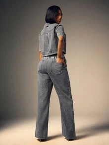 Denimoi 女式浅色抽绳腰直筒牛仔裤 - 灰色 - 查看 5