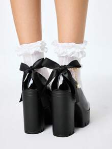 ROMWE Goth Women's Thick Sole Chunky Heel Pumps, Fashion Solid Color Pearl Buckle Lace Bow Decor High Heel Mary Jane Shoes, Suitable For Party, Outing, Date For Christmas Y2K 2000s Style - Black - View 6