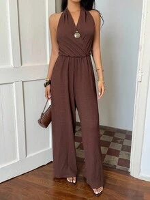 SHEIN SunnyBelle Women's Deep V-Neck Backless Jumpsuit, Chocolate Brown Color, Slim Fit, Wide Leg, Fashionable & Elegant, Suitable For Vacation