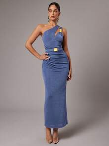 Silquee 女士优雅褶饰不对称领口紧身连衣裙，夏季 - 藍色 - 查看 4