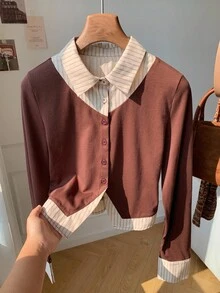 Comfortcana Camiseta feminina casual versátil 2 em 1 justa manga curta longa - Castanho - Ver 6