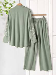 Rusticease 植物刺绣休闲衬衫和裤子套装 衬衫和裤子套装 衬衫和裤子套装两件套亚麻套装女式亚麻衬衫和裤子套装女式女式亚麻两件套 - 綠色 - 查看 2