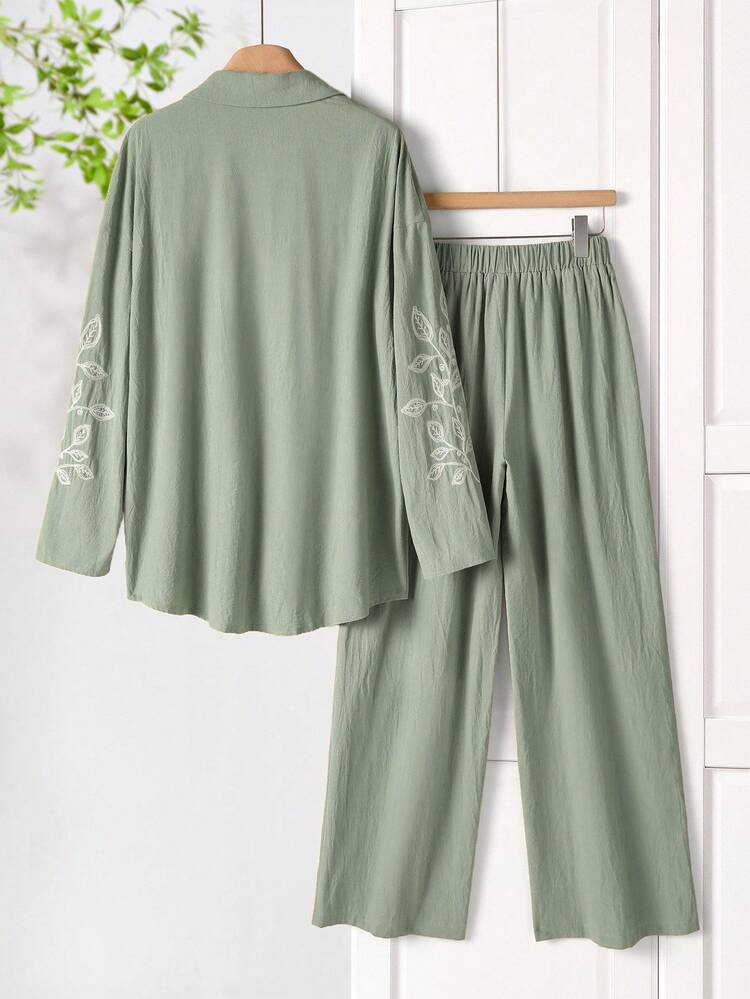 Conjunto de camisa y pantalones casual con bordado de plantas, conjunto de blusa y pantalones, conjunto de camisa y pantalones, conjunto de dos piezas de lino para mujer, conjunto de camisa y pantalones de lino para mujer, conjunto de dos piezas de lino para mujer
