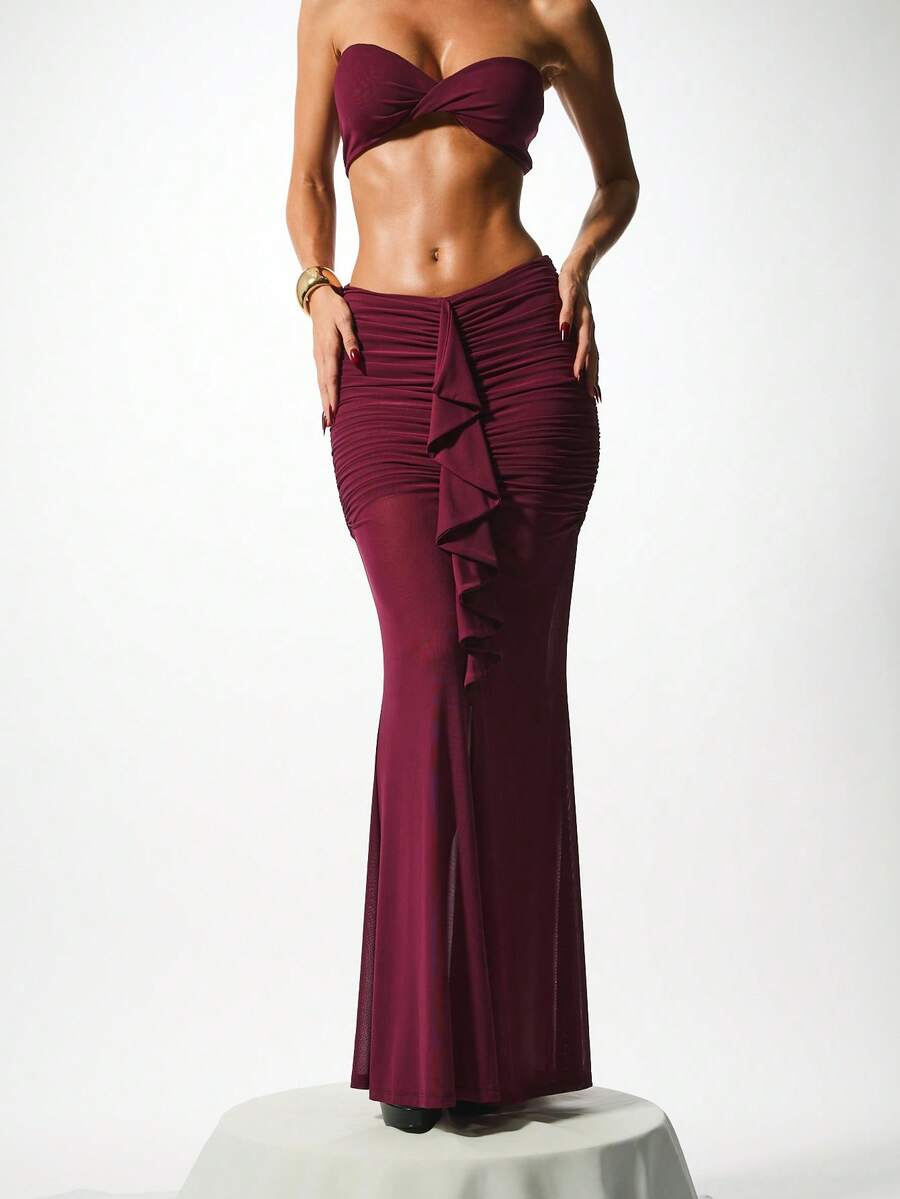 Váy Maxi Dài Ôm Sát Cạp Cao, Phối Lưới Màu Đỏ Burgundy, Có Chi Tiết Xếp Ly Hai Bên, Váy Dự Tiệc Trang Trọng Buổi Tối - Màu đỏ tím - Xem 1