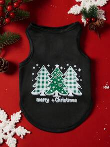 PETSIN 1pc Green Christmas Tree With Letter Pet Print Vest Black Christmas Skin Friendly Breathable Sleeveless Pet Clothing - Multicolor - View 2