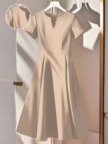 GlowEve CURVE Plus Size Women V-Neck Short Sleeve Midi Waist Dress - Khaki - View 1