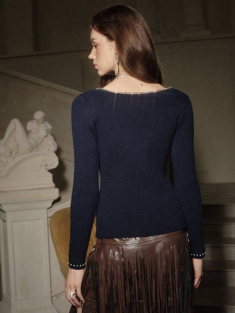 Anewsta Savoree Elegant Romantic Handmade Crystal Embellished Square Neck & Heart Neck Sweater