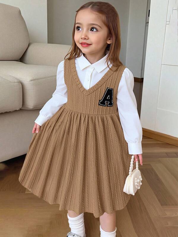 SHEIN Elladie kids 1pc Girls Young Girl Autumn New Knitted Jacquard Fabric Decorative Collar Long Sleeve Dress, Simple Versatile Fashion Commuter Street Style Fall Winter Brown Dress Kids Toddler Girl School Uniform Autumn And Winter Young Girls Dressse Girl School Dress Girls Spring Autumn French Style Dress