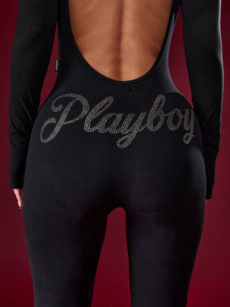 Missguided x Playboy Cotton Women Backless Long Sleeve Jumpsuit Rhinestone Skeleton Hands Halloween Party Occasion Full Length Form Fitting Logo Clubwear Evening Outerwear
