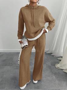 EURMUSE Women Grey Marl Oversize Sweatshirt And Sweatpant Two Pieces Set - Chocolate Brown - View 7
