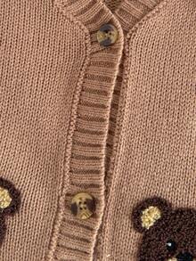 Loomiva Baby Boy Cartoon Bear Pattern V-Neck Long Sleeve Cardigan, Versatile & Comfortable Fall Winter - Apricot - View 6