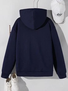 SHEIN Áo nỉ dài tay dáng rộng, khóa kéo, phong cách đường phố thường ngày dành cho thiếu niên nam, họa tiết chữ số và chữ cái, đa năng, phù hợp mặc ở nhà, đi làm, đi học, đi chơi hàng ngày, đi du lịch, dự tiệc ngoài trời, thích hợp cho mùa thu/đông. Áo nỉ màu xanh navy có khóa kéo dành cho nam thiếu niên. - Màu xanh hải quân - Xem 3