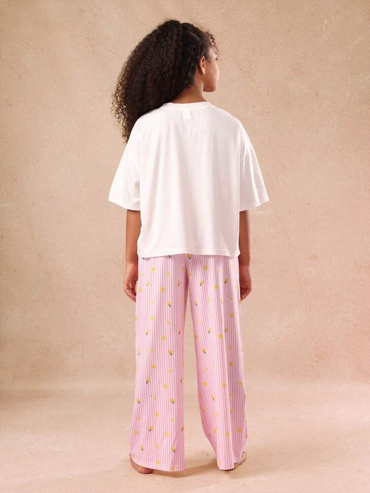 Lemon Print T-Shirt And Striped Wide Leg Pants Set
