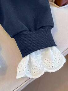 SHEIN 全新蕾丝边字母印花圆领连帽长袖二合一女式运动衫 - 藏蓝色 - 查看 4