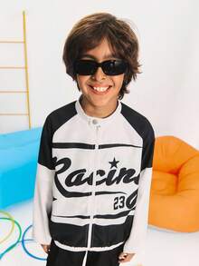 SHEIN Tween Boy Racing White,Autumn,Street Life Casual Graphic Street Fashion,School,Back-To-School Letter Zip-Up Stand Collar Short Racer Jacket - Black - View 10