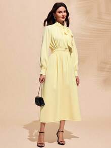 Almamuse Women's Elegant Ruched Ruched Tie Neck Lantern Sleeve Long Dress - Light Yellow - View 4