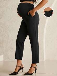MaterniWear Plain Cropped Maternity Pants Dark Grey Woven With Adjustable Belly Support