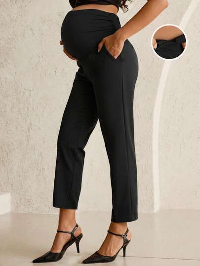 MaterniWear Plain Cropped Maternity Pants Dark Grey Woven With Adjustable Belly Support