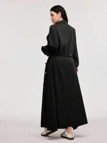 Veilorie Zestaw 2 szt.: Kurtka robocza z kieszeniami, stójką i spódnicą marszczącą talię, codzienny zestaw biurowy 2 szt. - Czarne - Zobacz 2