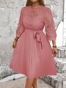 Cravure Plus Size Women's Spring/Summer Solid Color Contrast Lace Round Neck 3/4 Sleeve Pleated Hem Elegant Dress Wedding - Dusty Pink - View 3
