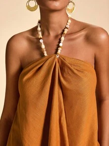 Travachic 女士度假休闲露背吊带上衣和裤子两件套 - 卡其色 - 查看 6