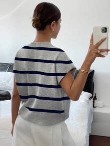 Siren Gaze 女式休闲条纹圆领蝙蝠袖短袖针织上衣，秋季 - 藏蓝色 - 查看 2