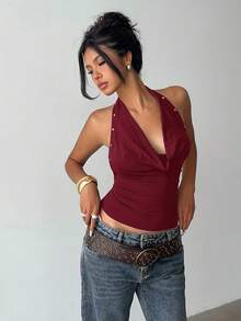 Aloruh Black Backless Halter Neck Knit Top,Red Top - Burgundy - View 5