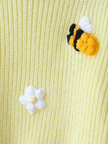 SHEIN Vintaside Kids 1pc Soft, Skin-Friendly, Durable, Anti-Pilling Cute 3D Bee & Flower Decor Vibrant & Adorable Yellow Crew Neck Sweater, Contrast Yellow Sleeve Design, Lightweight Autumn/Winter Girls Sweater, Versatile For Daily, Casual, School, Shopping Occasions Fall