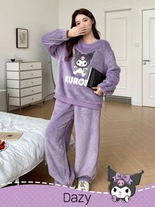 HELLO KITTY AND FRIENDS | SHEIN 女士宽松卡通刺绣上衣和裤子睡衣套装，秋冬季服装 - 紫色 - 查看 7
