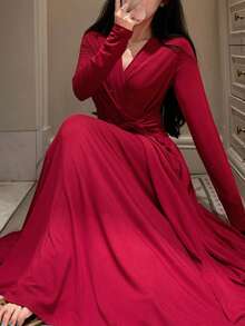 DAZY Solid Surplice Neck Lounge Dress Red Women Dresses Pajama,New Year - Burgundy - View 3