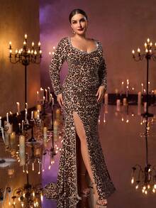 Glamrae Große Größen elegantes luxuriöses Leopard Muster Pailletten verziertes Kleid mit Herzausschnitt, Langarm und figurbetontem Meerjungfrauensaum, geeignet für Abendpartys, Dates, Proms, Hochzeiten, Abschlussfeiern, Urlaub - Verschiedenfarbig - Übersicht 2