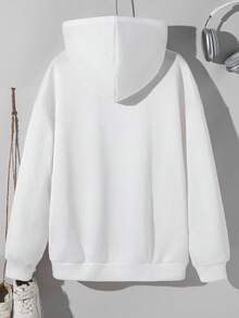 SHEIN Teens Young Men's White Autumn Y2K Graduation Back-To-School California Los Angeles Letter Graphic Print Hooded Pullover Sweatshirt,Casual Streetwear - White - View 3