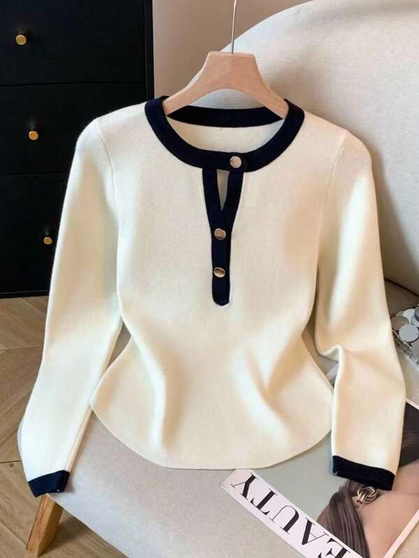 Franclia Fashionable, Simple And Generous Women's Autumn Apricot Knitted High-Elastic Tight Long-Sleeved Top Female T-Shirt Bottoming Shirt Can Be Worn Outside White Contrast Black Edge Half-Open Placket Button Long-Sleeved T-Shirtfall Clothes For Women Autumn  Winter Winter Clothes For Women Winter Clothes  Christmas New Year  Party Graduation Prom Cosplay Elegant Casual Luxury Going Out  Winter Winter Clothes For Women Elegant Fashionable Casual Commuting Business Office Daily Leisure All-Match Temperament Urban Teacher Professional Attire