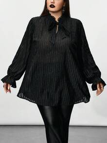 SHEIN CURVE+ 大码女式黑色长袖条纹衬衫万圣节/万圣节服装女士/万圣节服装/万圣节衬衫/冬季/秋季 - 黑色 - 查看 8