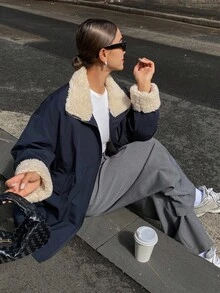 女士休闲宽松夹克，适合秋冬穿着 - 藏蓝色 - 查看 7