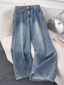 Comfortcana 女士休闲水洗宽松直筒牛仔裤 - 中等水洗藍 - 查看 3