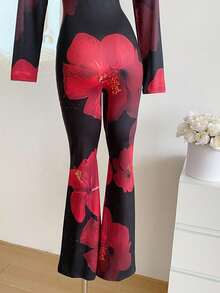 SHEIN 1pc Floral Print Jumpsuit For Teen Girl High Stretch Tight Fitting, Crew Neck Long Sleeve, Autumn Fall Winter - Black - View 5