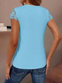 EMERY ROSE Women's Solid Color V-Neck Short Sleeve T-Shirt, Simple And Fashionable Suitable For Summer - Blue - View 2