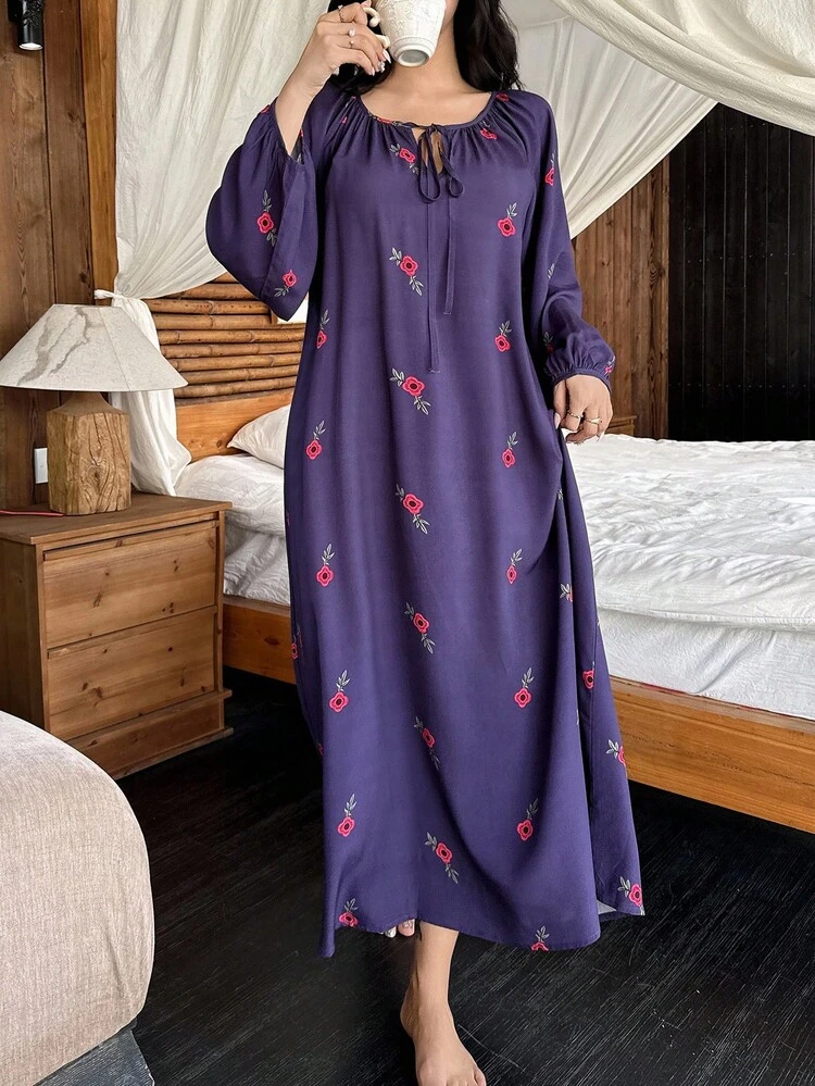 Floral Print Drawstring Waist Loose Long Women Nightgown, Fall Pajama, Winter, Moo Moo Night Dress