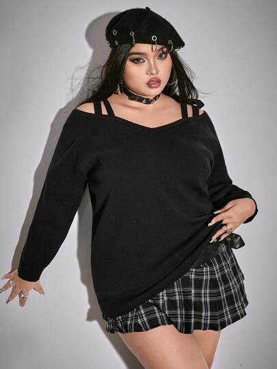 Kawaii Suéter holgado de talla grande con escote en V, tirantes con moño y versatilidad