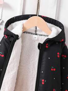 SHEIN Playful Pals 女宝宝幼儿0-3岁秋冬百搭日常保暖内衬可爱樱桃图案连帽夹克 - 黑色 - 查看 3
