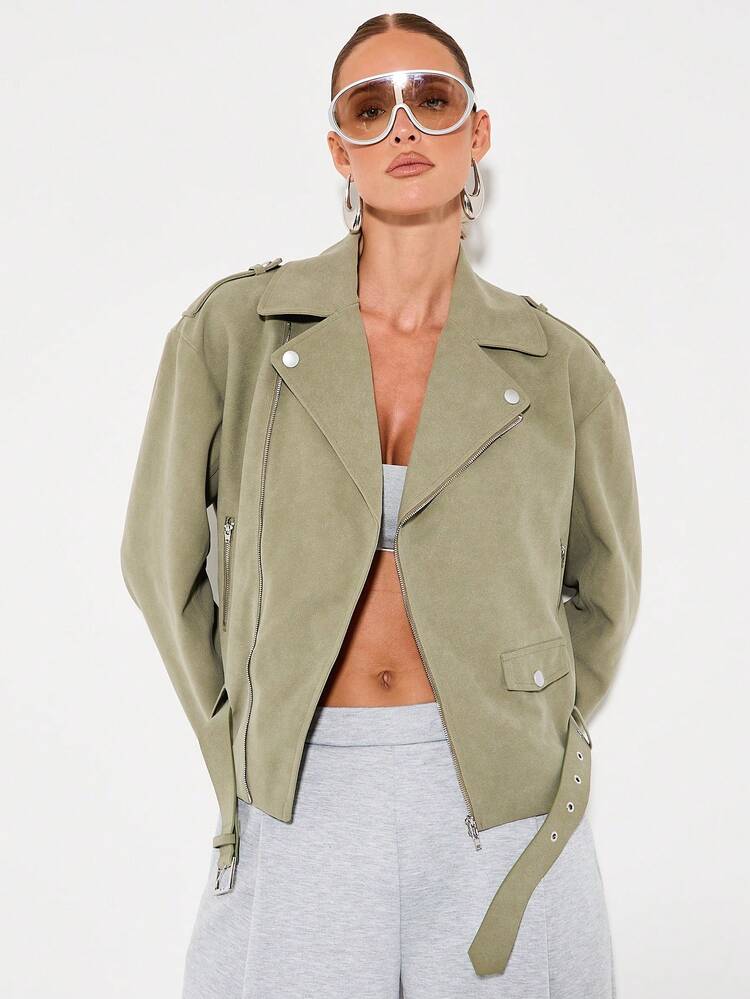 KIZN Oversized Suede Biker Jacket With Belt