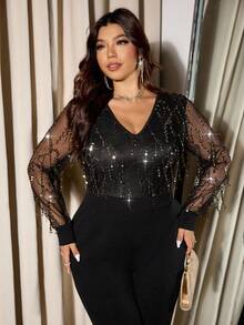 Elaquor Mono elegante y glamoroso de manga larga con cuello en V, malla y flecos con lentejuelas para mujer de talla grande - Negro - Ver 6