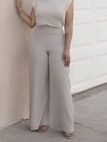 Lupita Cardoza Calças Texturizadas de Cintura Alta e Perna Larga Casuais e Elegantes para Voltar às Aulas e Trabalho - Damasco - Visão 6