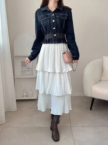 FRIFUL Women's Waist Cinched Hem Casual Slim Fit Denim Blouse Long Sleeve Women