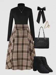 SHEIN 少女纯色立领长袖上衣和格子印花迷你裙两件套